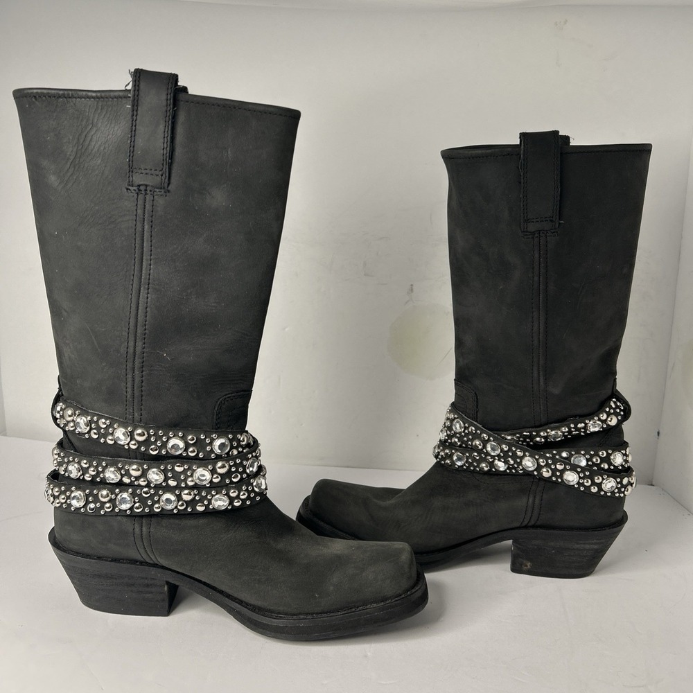 Sz 8 - ROCKET DOG Black Leather Silver Studded Rhinestone Buckle Biker Boots - Picture 9 of 15